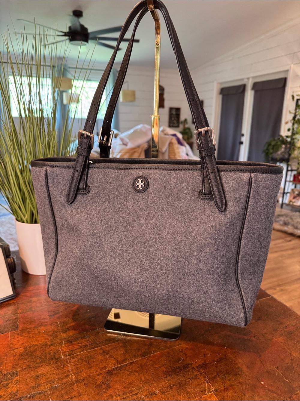 Tory Burch Gray Felt Tote with Black Trim